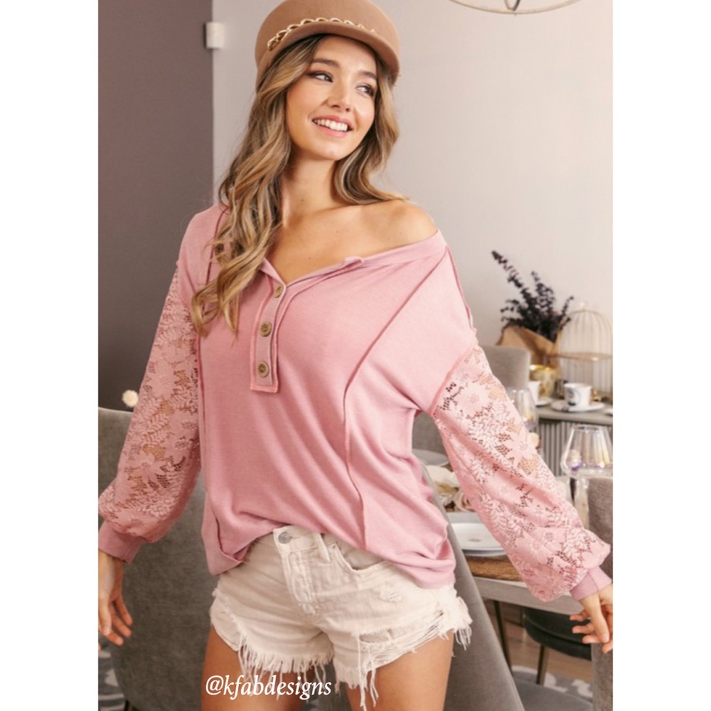 LAST! Button Henley Style Dusty Rose Floral Lace Sleeve Top! - Picture 4 of 13